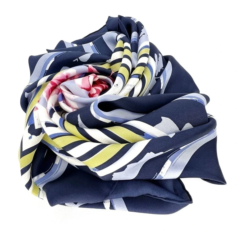 Hand Rolled Silk Scarf Stripes Roses Floral Blue Pink Yellow 34.5” Square EUC